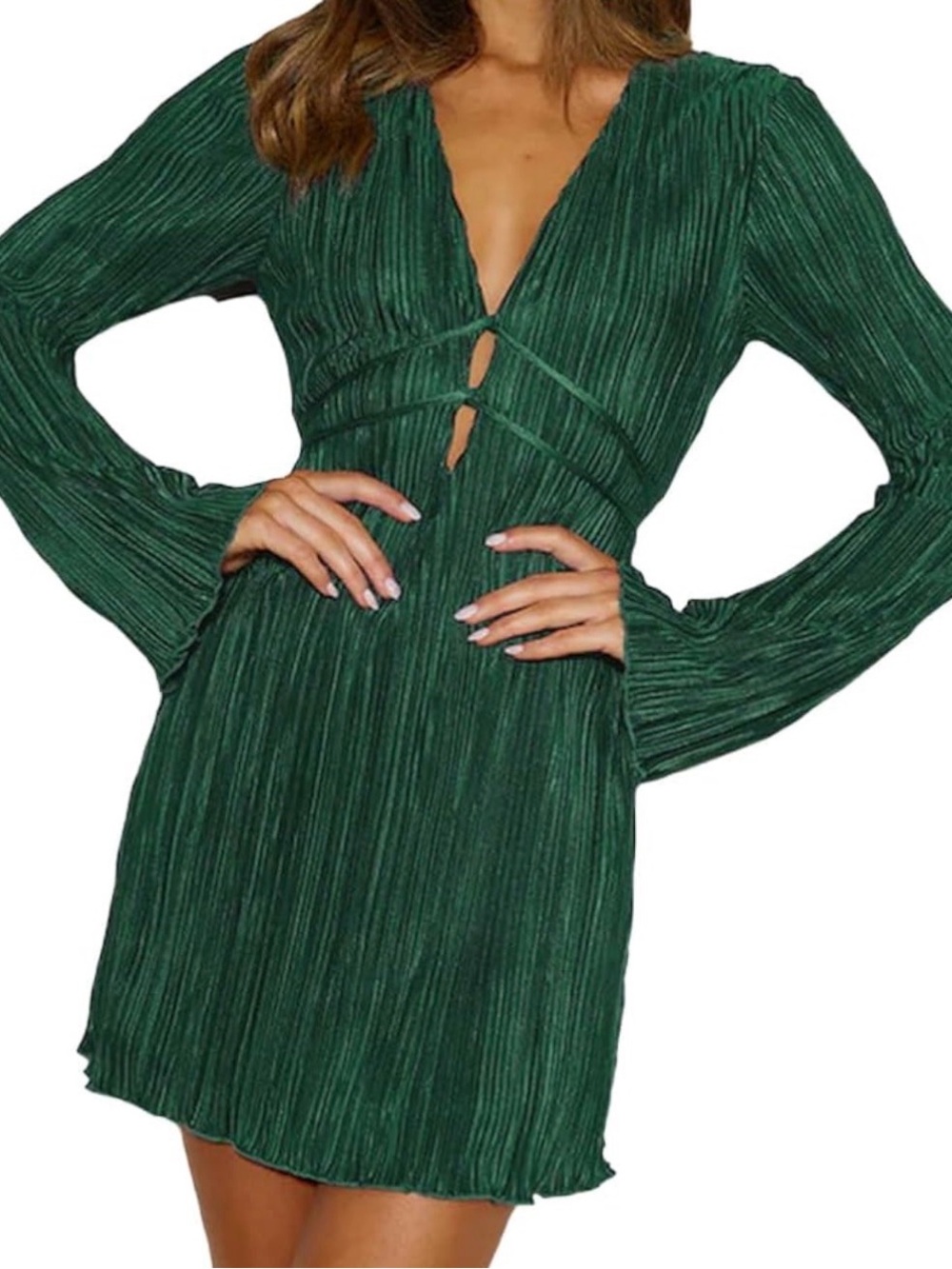 Amazon Green V-Neck Pleated Mini Dress